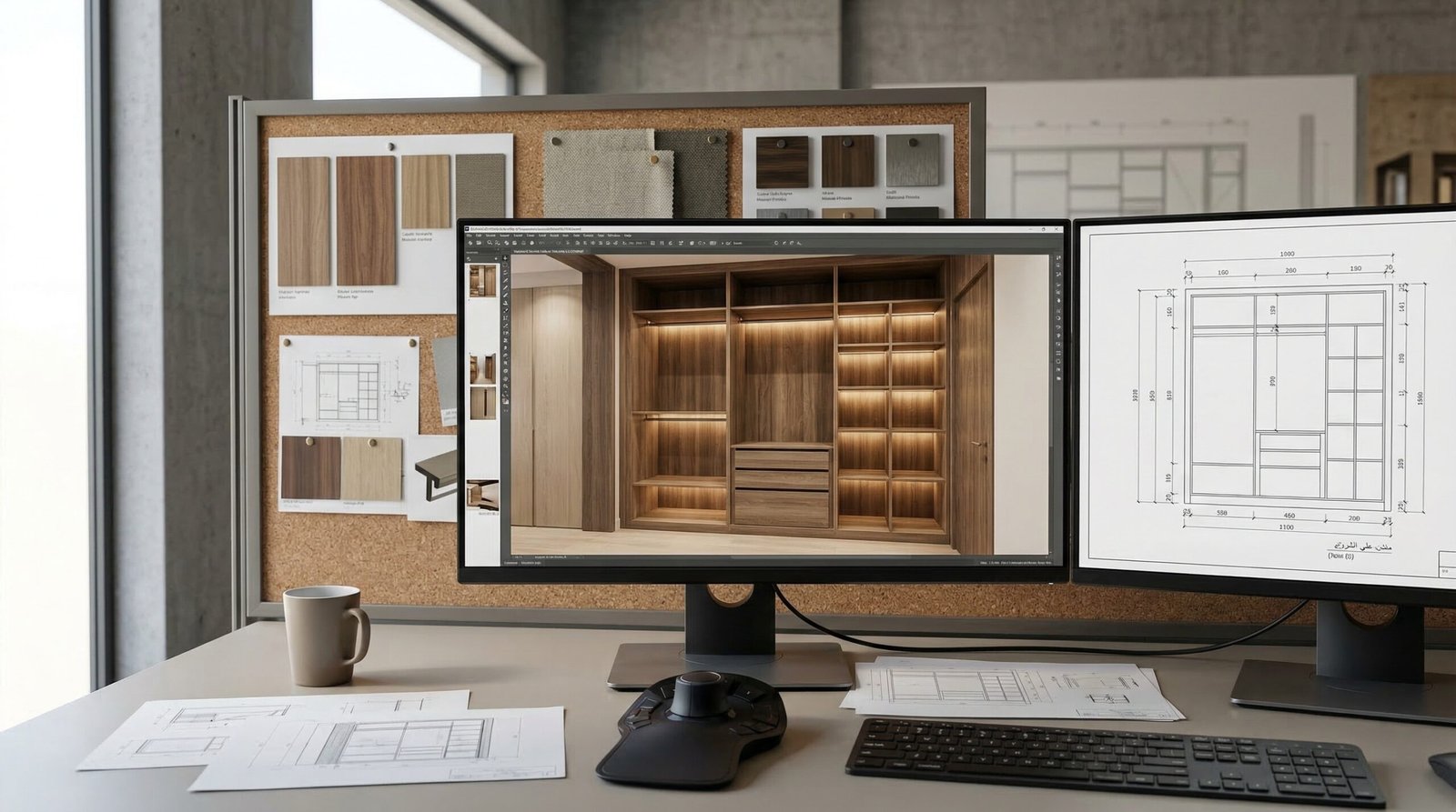 CAD workstation with 3D wardrobe interior visualization and 2D elevation plan on dual monitors at Karnak Carpentry design office Al Quoz Dubai