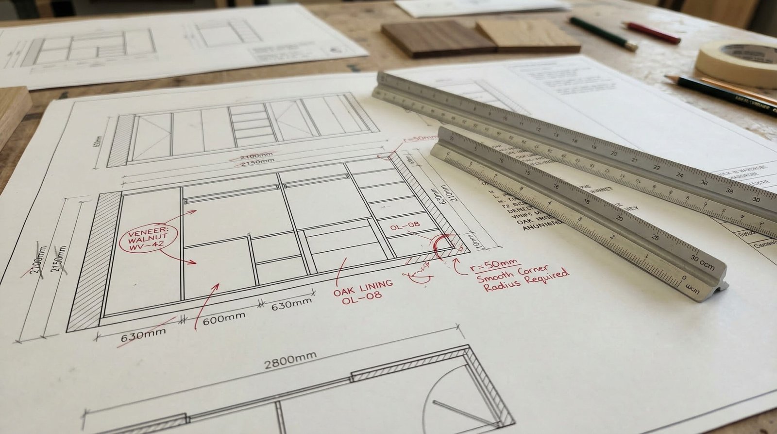 Hand-annotated wardrobe shop drawing with pencil dimension corrections and material call-outs during design development at Karnak Carpentry UAE workshop