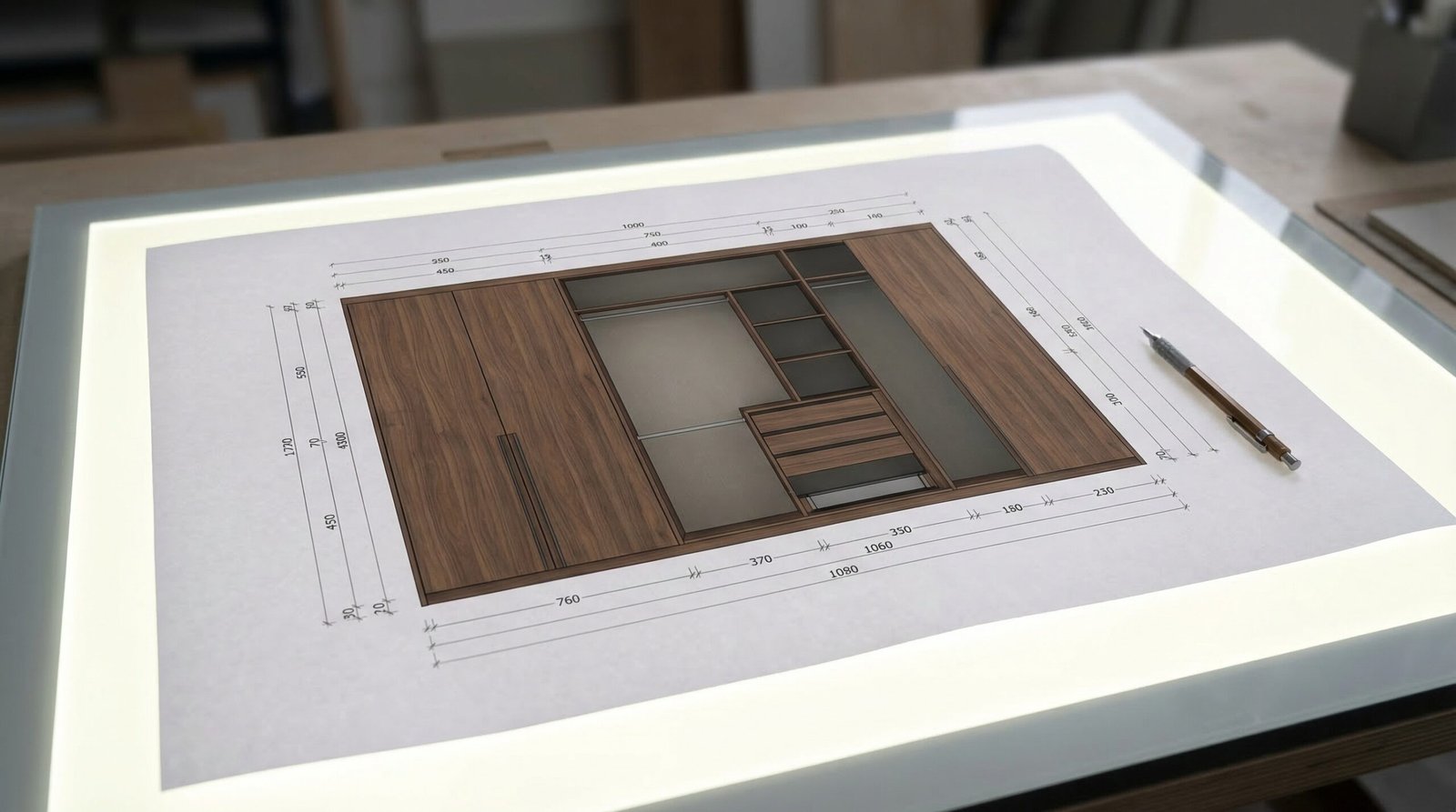 Large-format 3D rendered wardrobe design elevation with interior layout and dimensions printed for client review at Karnak Carpentry Dubai studio
