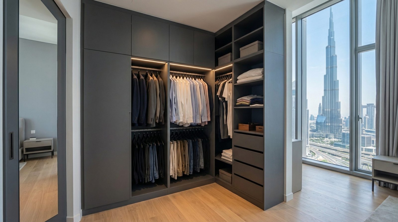 Compact L-shaped master bedroom walk-in wardrobe in matte charcoal lacquer with handleless doors installed in Downtown Dubai high-rise by Karnak Carpentry UAE