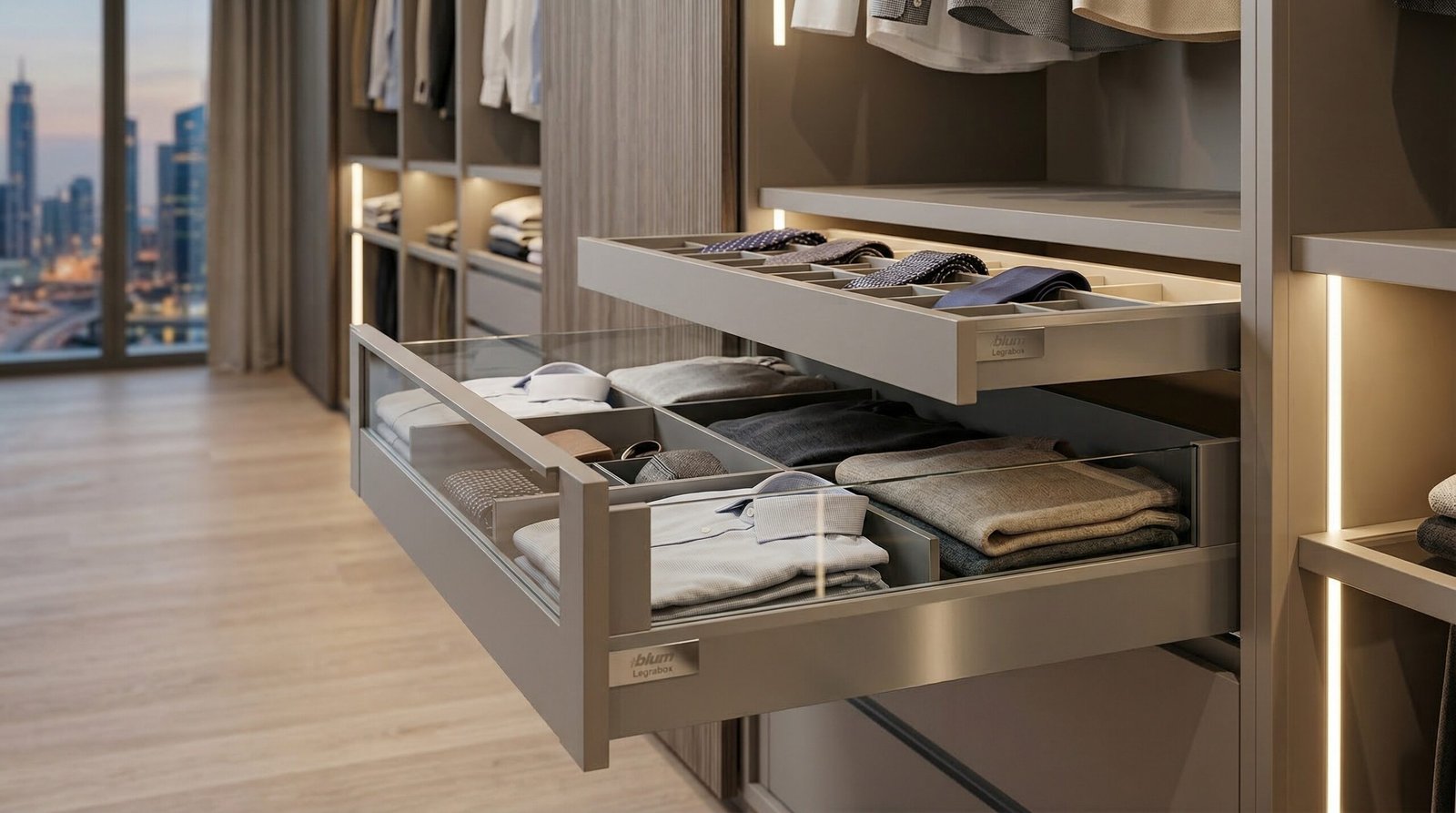 Blum Legrabox full-extension pull-out drawer system with internal divider grid and soft-close mechanism in custom wardrobe by Karnak Carpentry Dubai