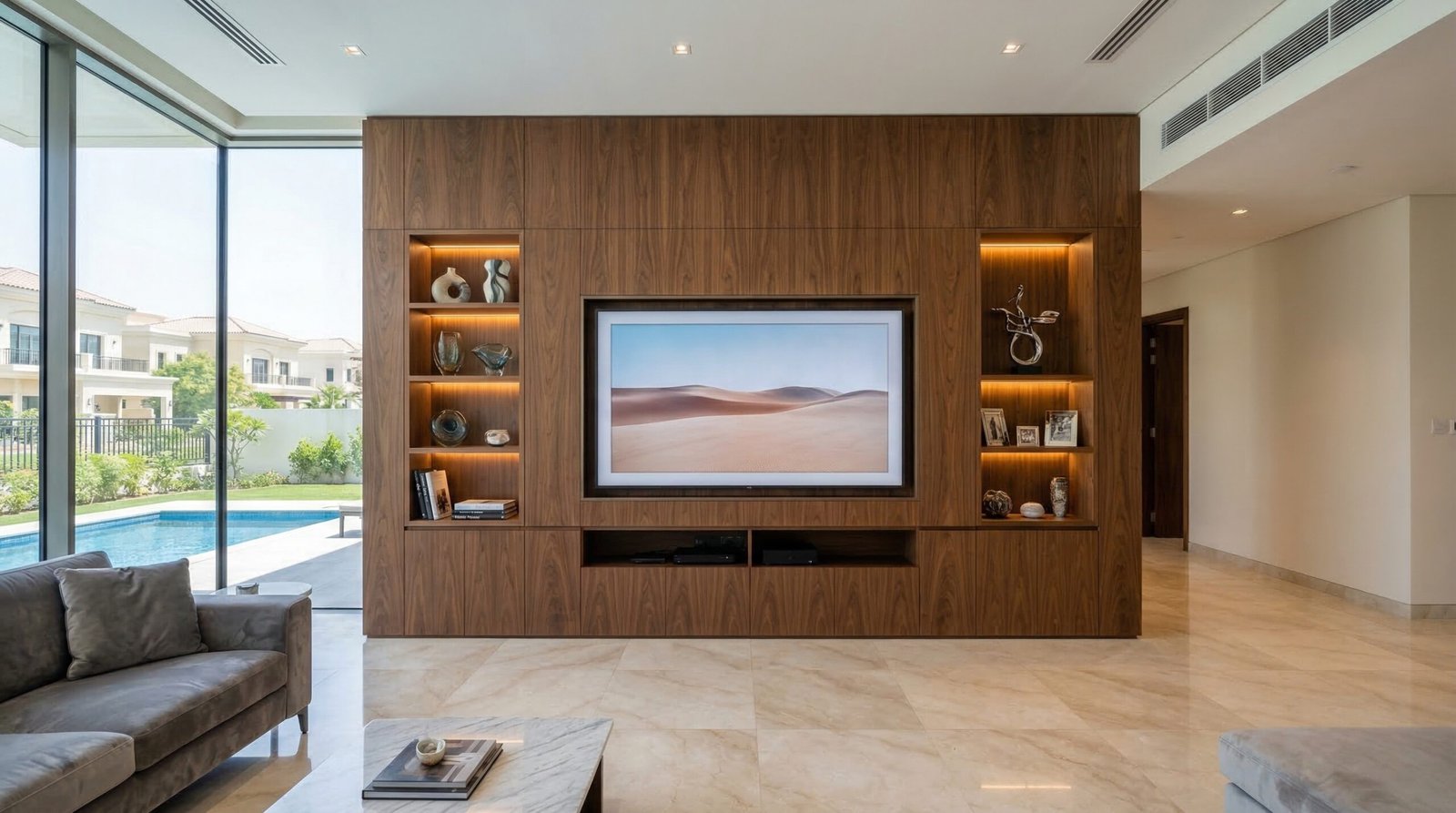 Floor-to-ceiling bookmatched American walnut entertainment wall with 85-inch TV recess and LED niches installed in Emirates Hills villa by Karnak Carpentry