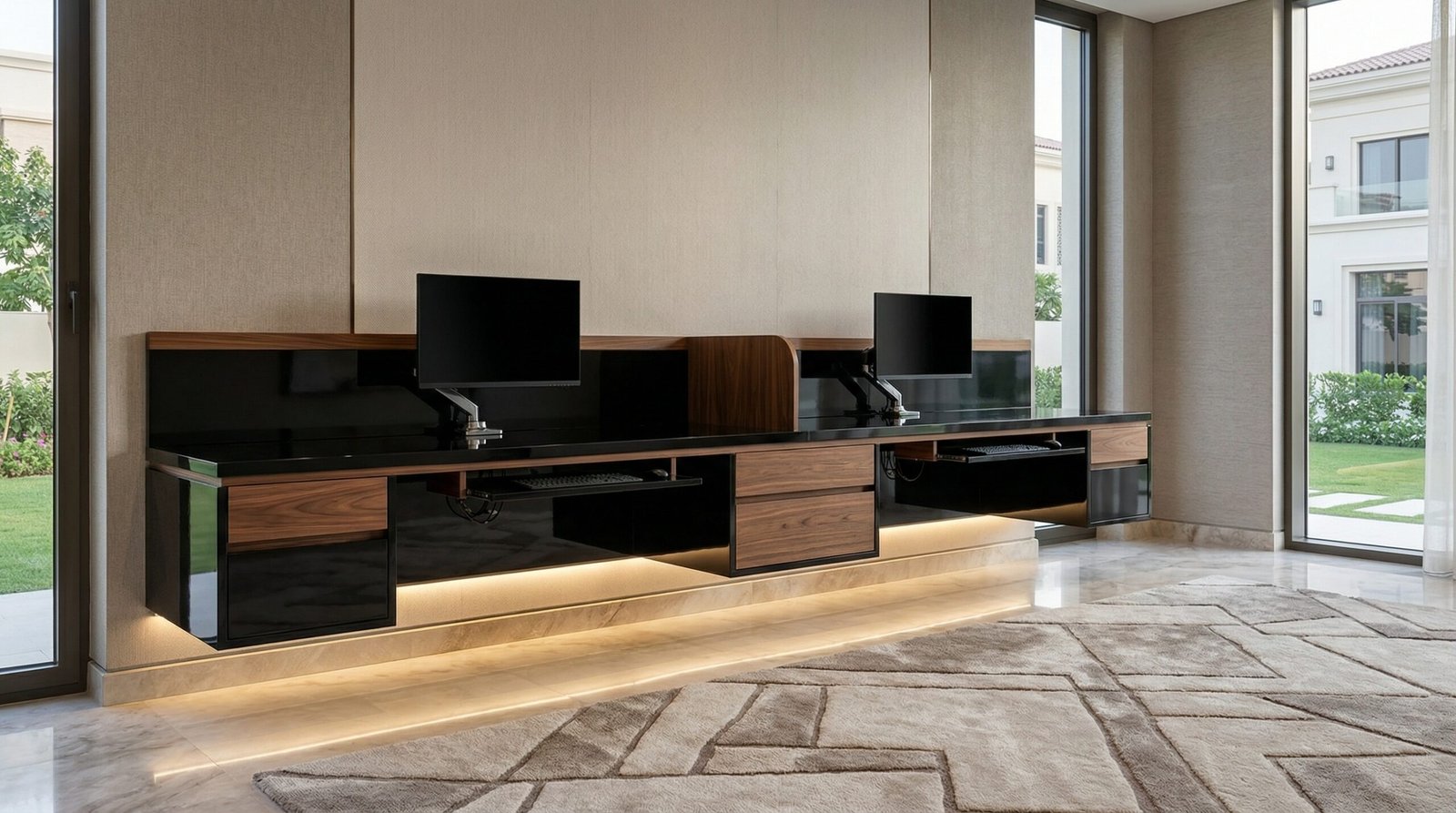 Symmetrical Dual Workstation Custom Desk In High Gloss Black And Walnut Inside An Emirates Hills Villa.