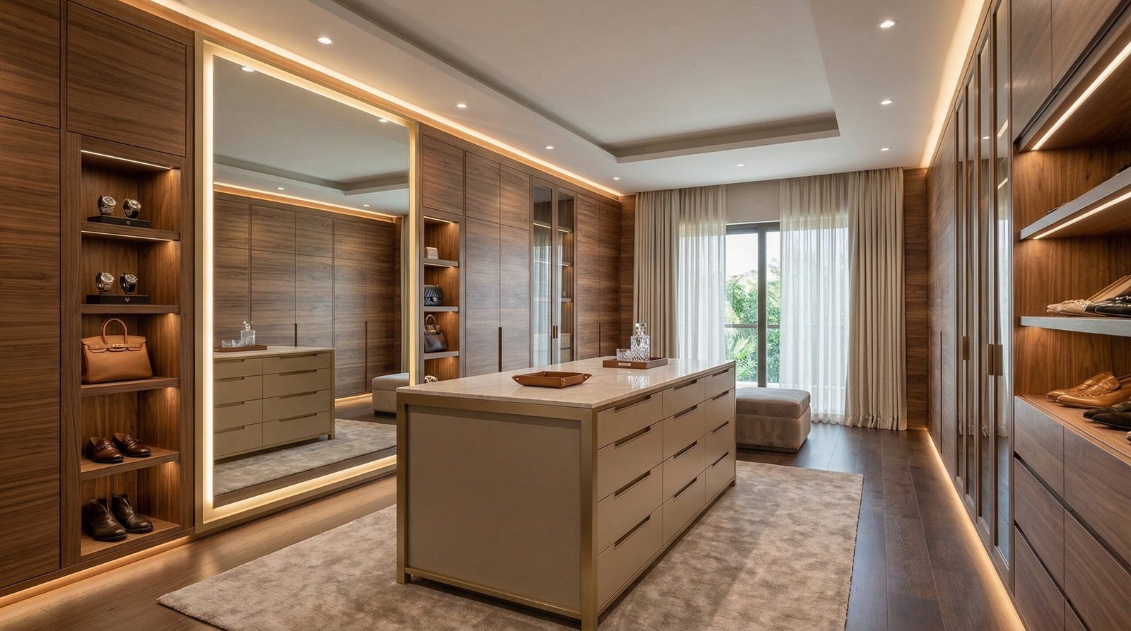 Full master suite dressing room with bookmatched walnut veneer, champagne gold island and backlit mirror wall installed in Emirates Hills villa by Karnak Carpentry Dubai