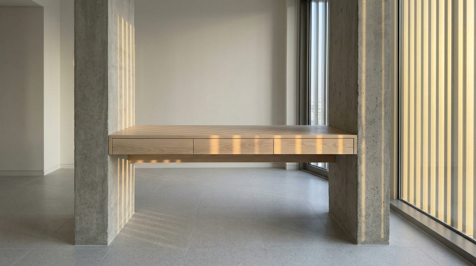 Light Ash Wood Custom Fitted Desk Built Between Concrete Columns In A Modern Uae Apartment.