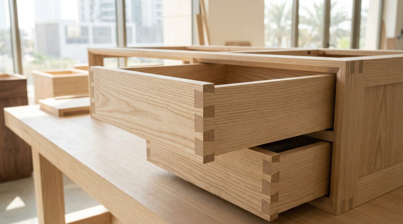 Close Up Of Expertly Crafted Dovetail Joints On Half Open Custom Built Desk Drawers In Dubai.