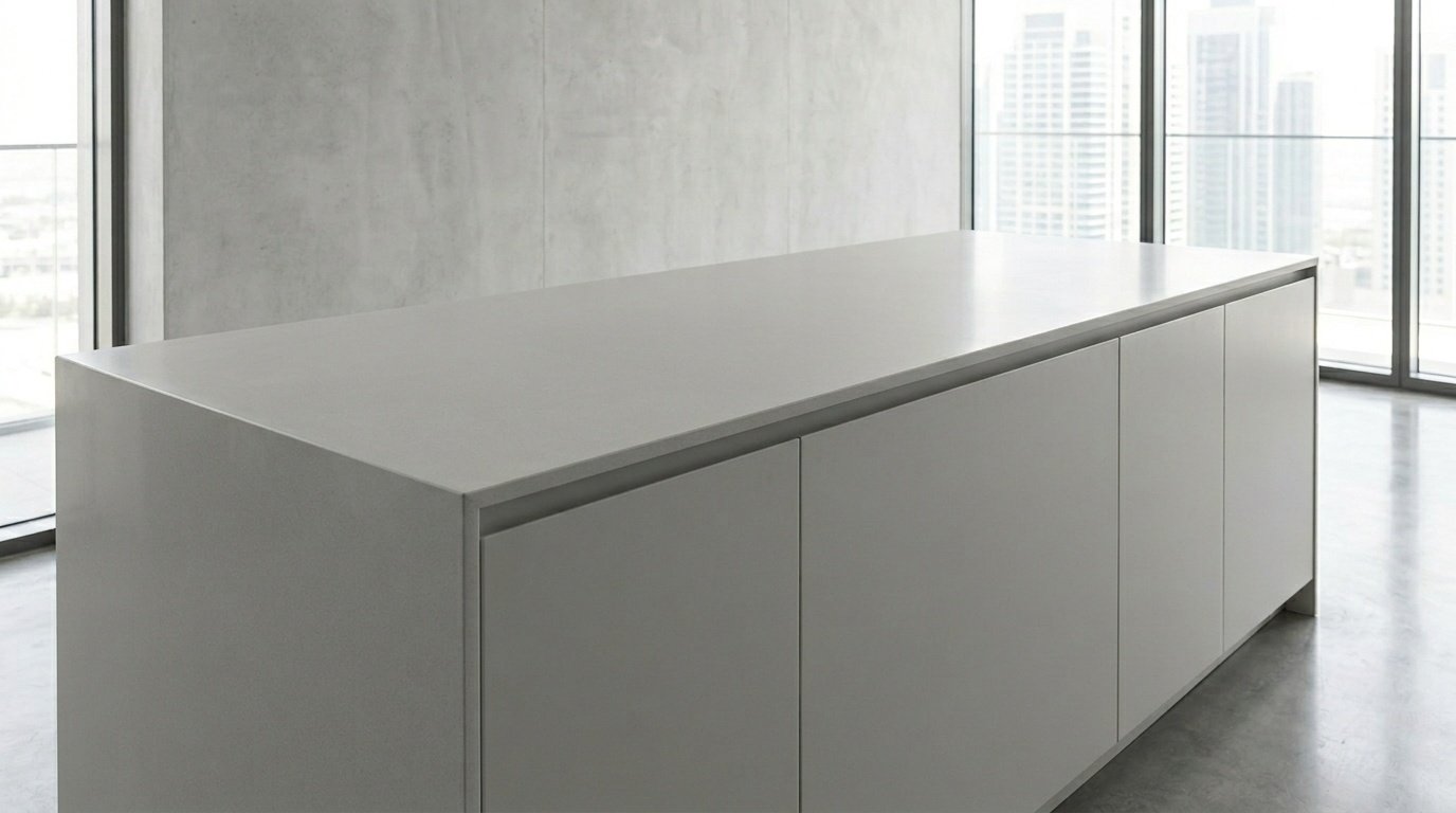 Ultra-minimalist solid quartz kitchen island with a hidden induction hob, custom fabricated by Karnak Carpentry in City Walk.