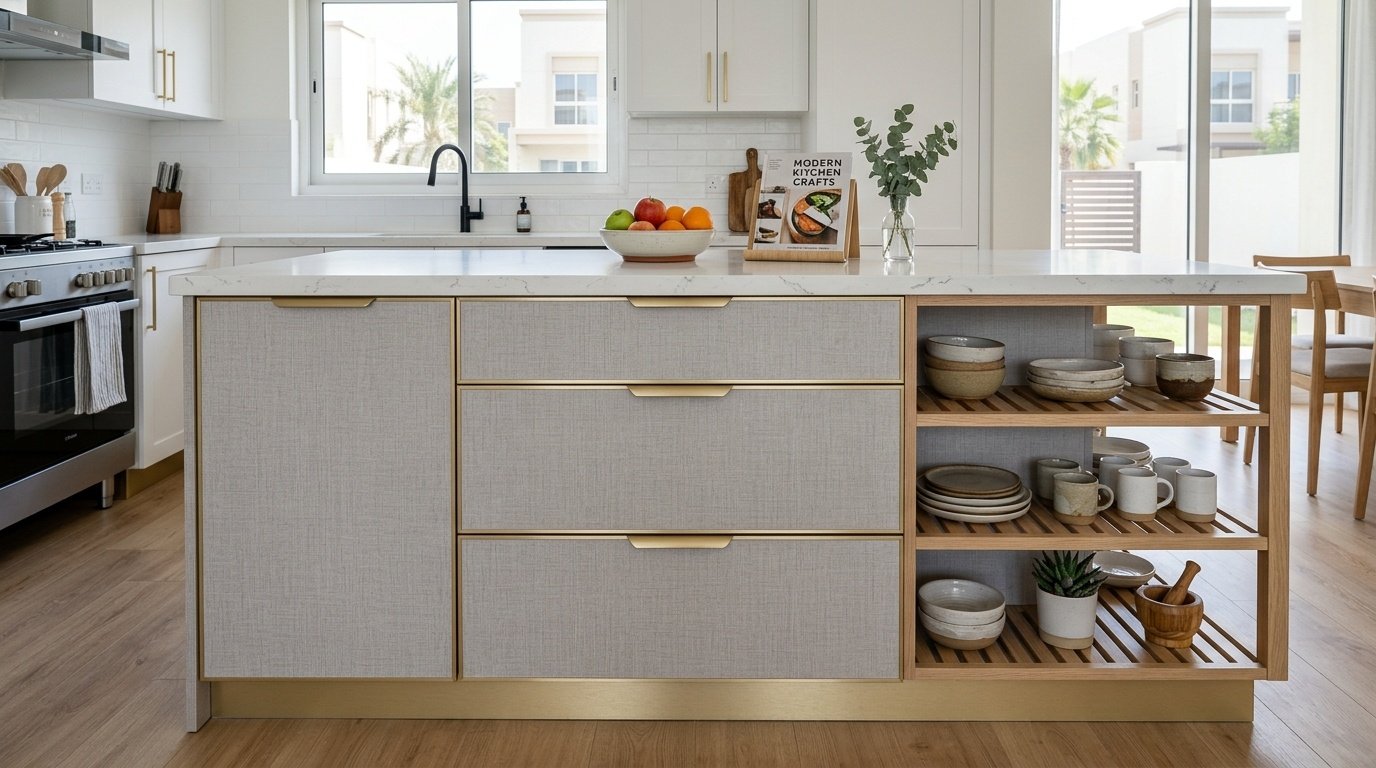 Modern textured laminate kitchen island with brushed gold hardware and open shelving, installed by Karnak Carpentry in Al Furjan.