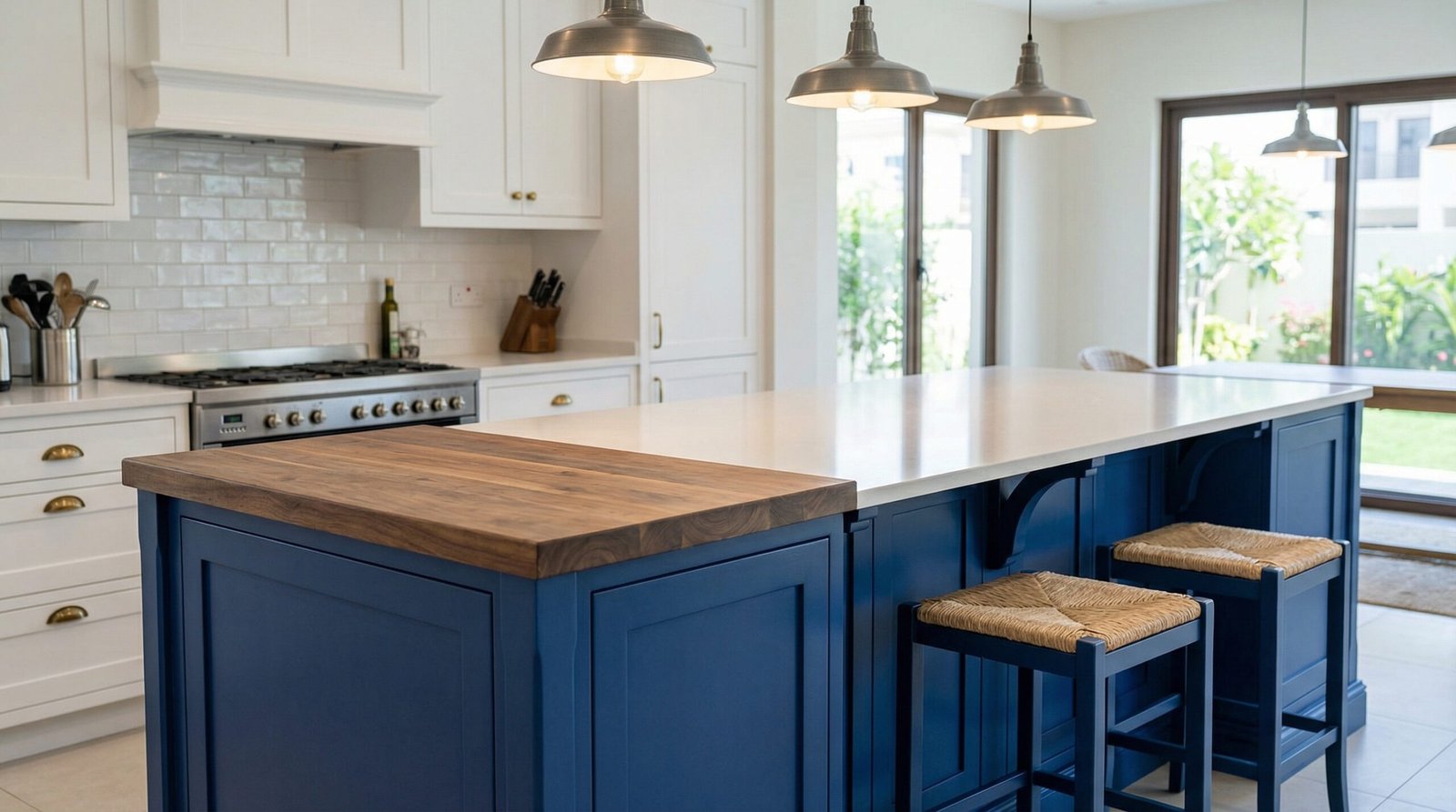 Classic blue shaker style kitchen island featuring a butcher block prep station and integrated seating, custom-made in a JVC family home.