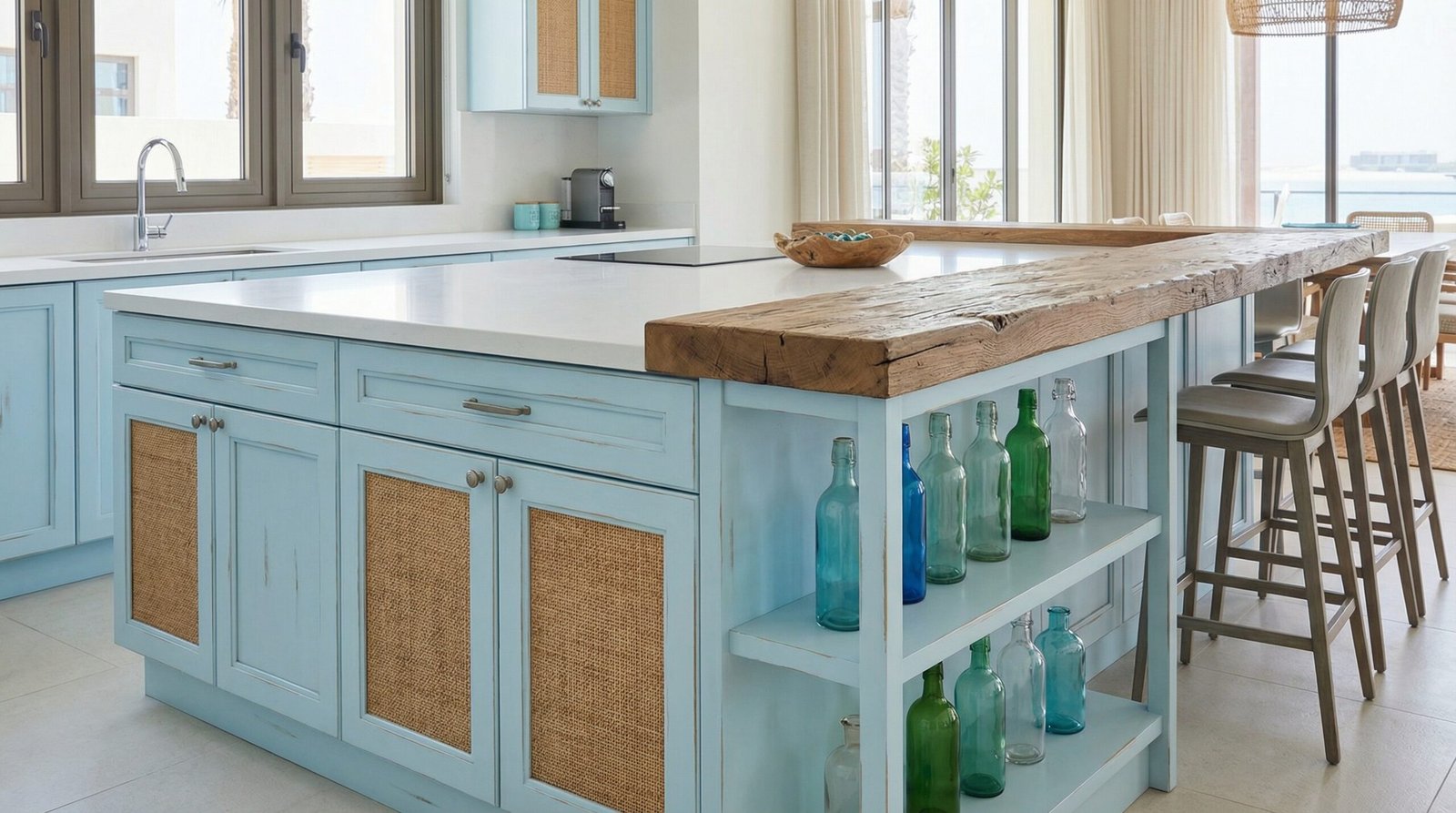 Bright coastal-inspired kitchen island with light blue cabinetry and distressed wood accents, near La Mer Dubai.