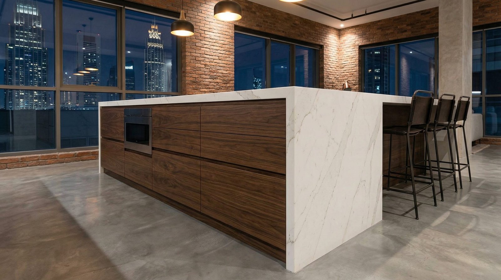 Modern kitchen island in a DIFC loft featuring a striking contrast between dark wood and bright white quartz waterfall edges.