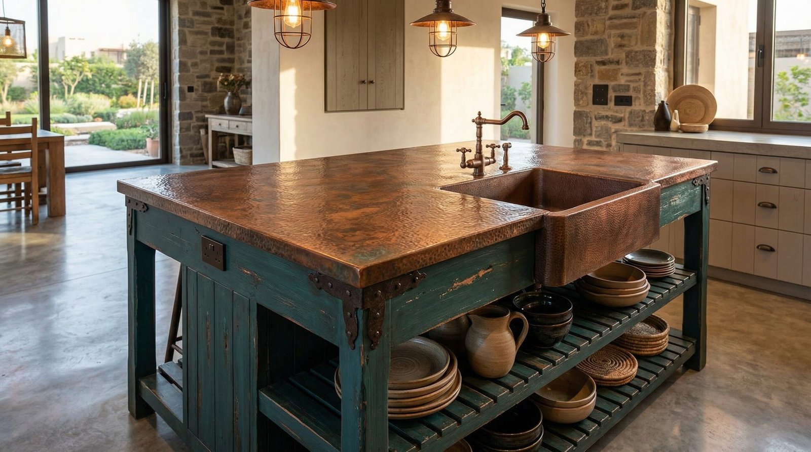Unique rustic-contemporary kitchen island with a hammered copper countertop, bespoke creation in Al Warsan.