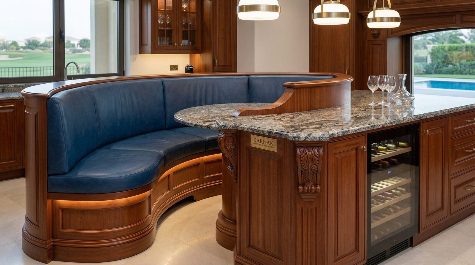 Elegant kitchen island with a seamlessly connected curved banquette seating area and custom upholstery, Jumeirah Golf Estates.