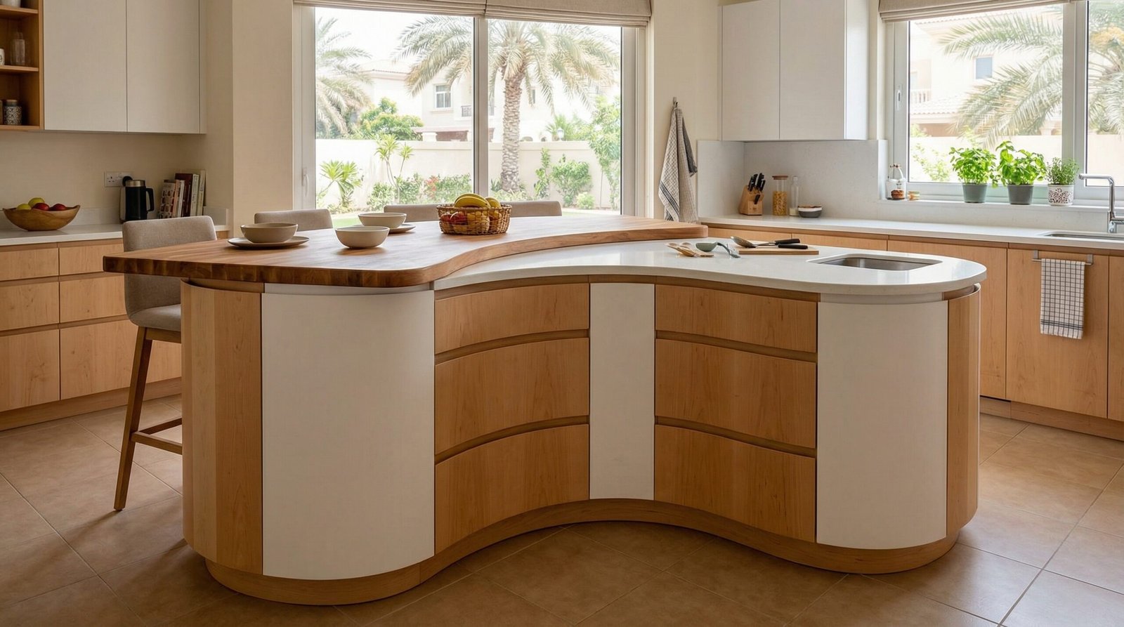 Dynamic curved kitchen island with a contrasting wood and quartz top, custom-built by Karnak Carpentry for a Mirdif residence.