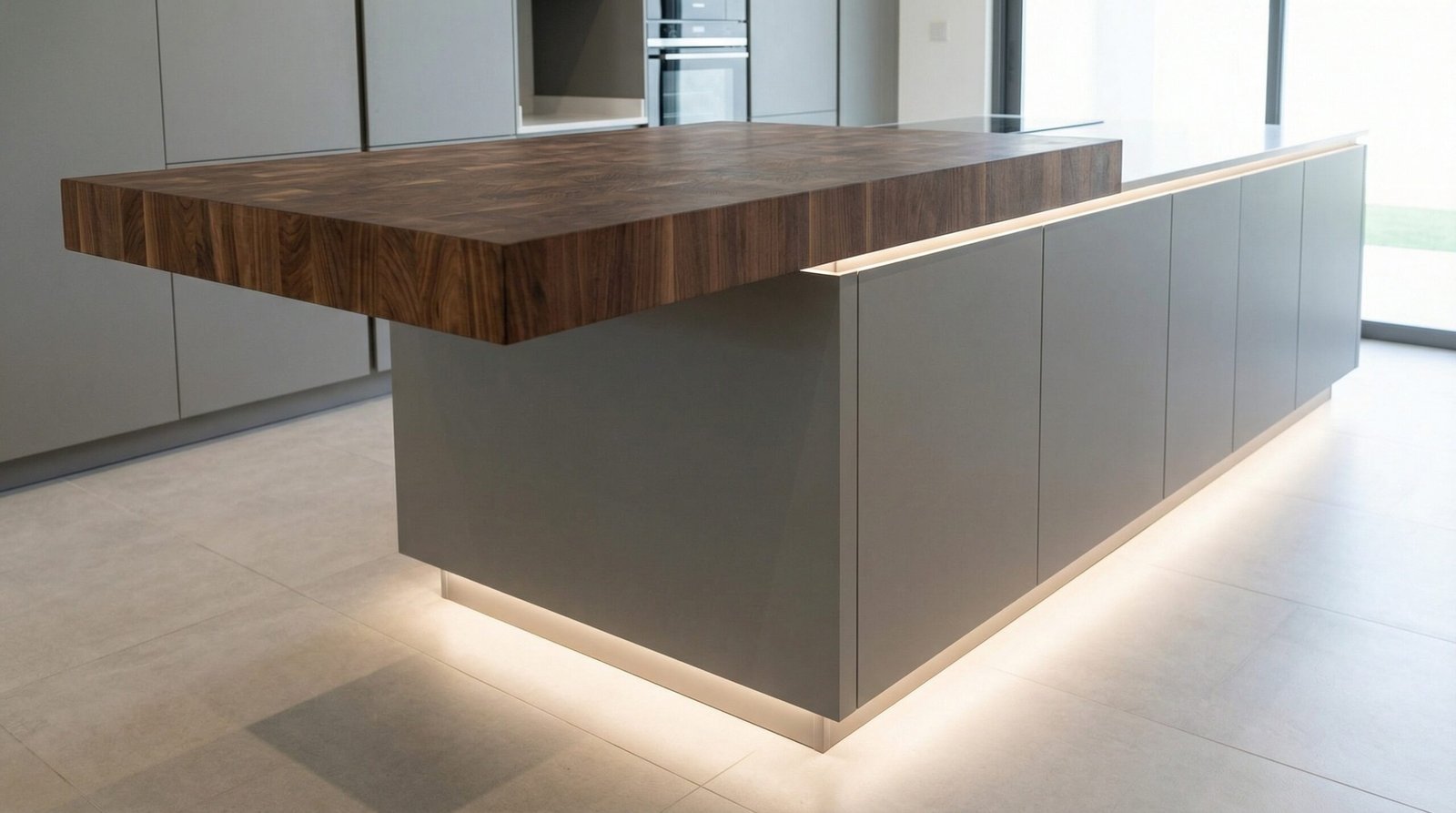 Contemporary 'floating' kitchen island with a thick cantilevered butcher block section and seamless grey cabinets, Mudon residence.