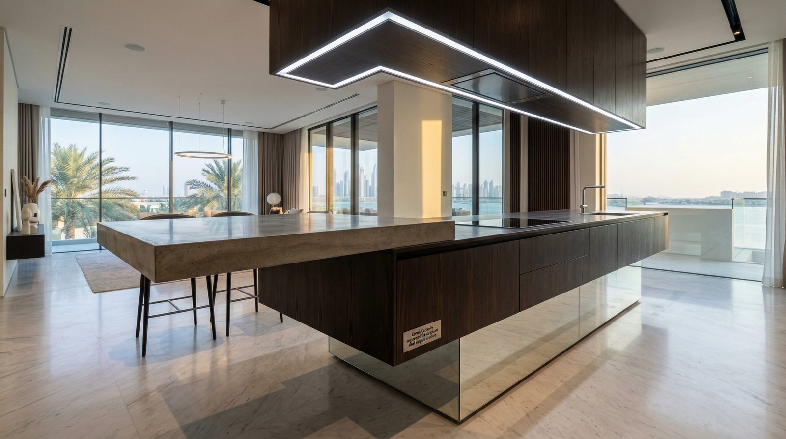 Architecturally designed 'floating' kitchen island with a large cantilevered seating area, installed in a Palm Jumeirah villa.