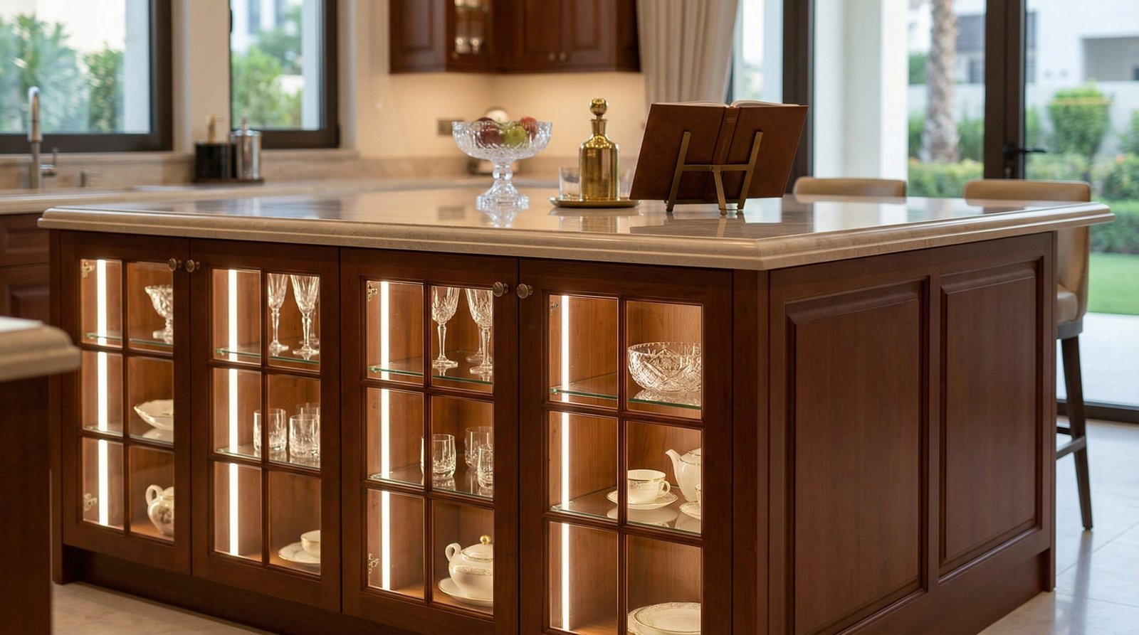 Sophisticated kitchen island featuring internal LED lighting and glass-front cabinet doors, custom designed for Dubai Hills.