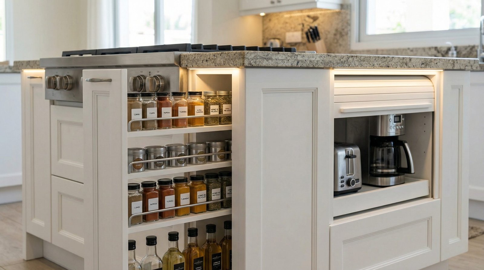 Practical kitchen island with clever integrated storage solutions like pull-out spice racks, custom work in Arabian Ranches.