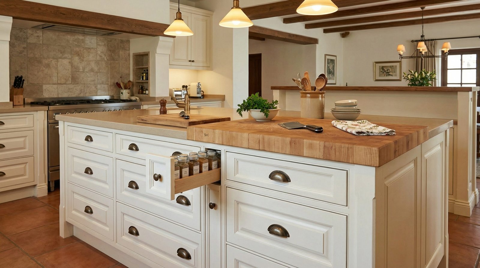 Traditional style kitchen island with a large integrated edge-grain butcher block cutting surface, Jumeirah 1 home.