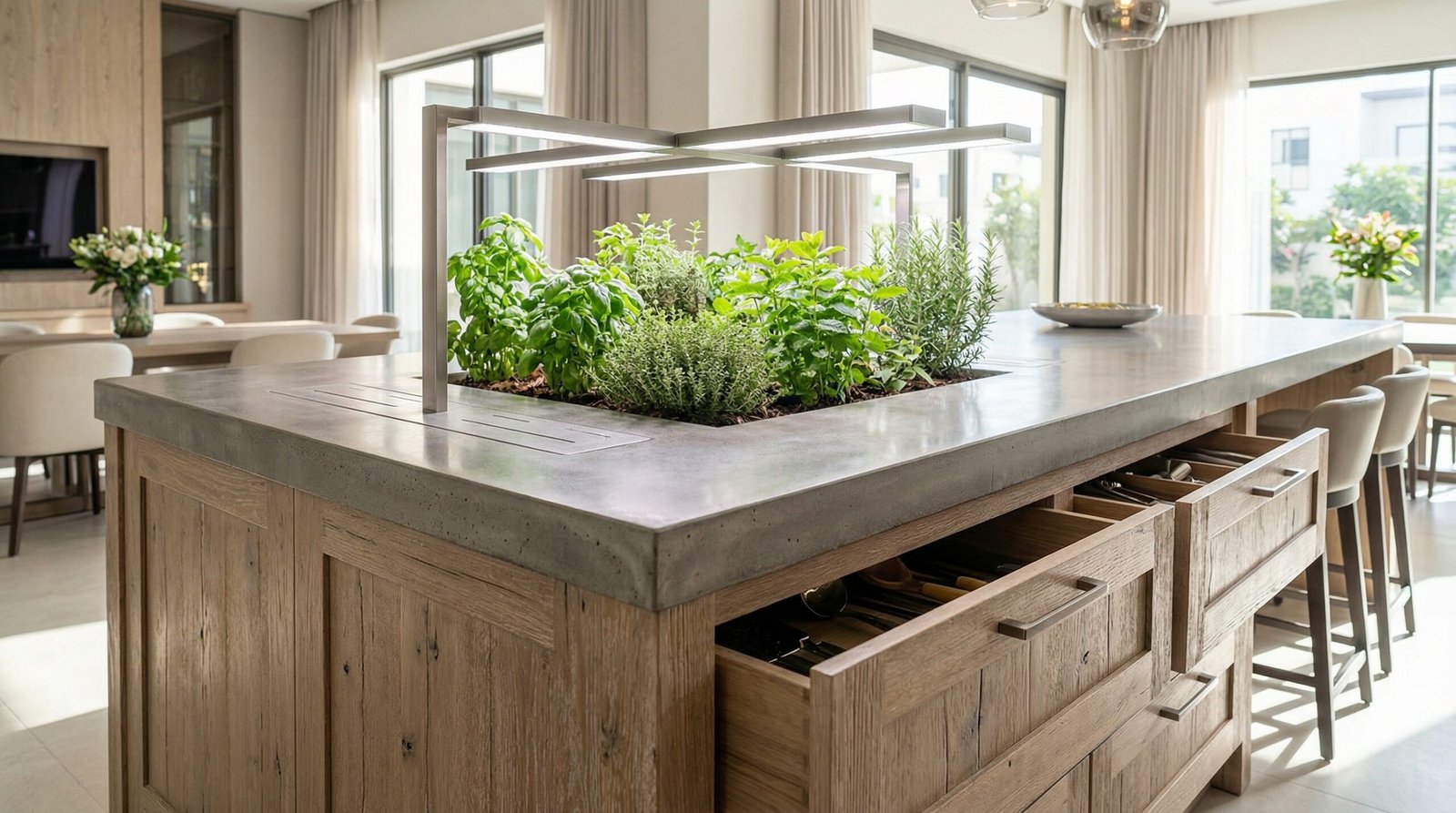 Innovative kitchen island with a dedicated, illuminated recessed planter box for growing fresh herbs, Nad Al Sheba property.