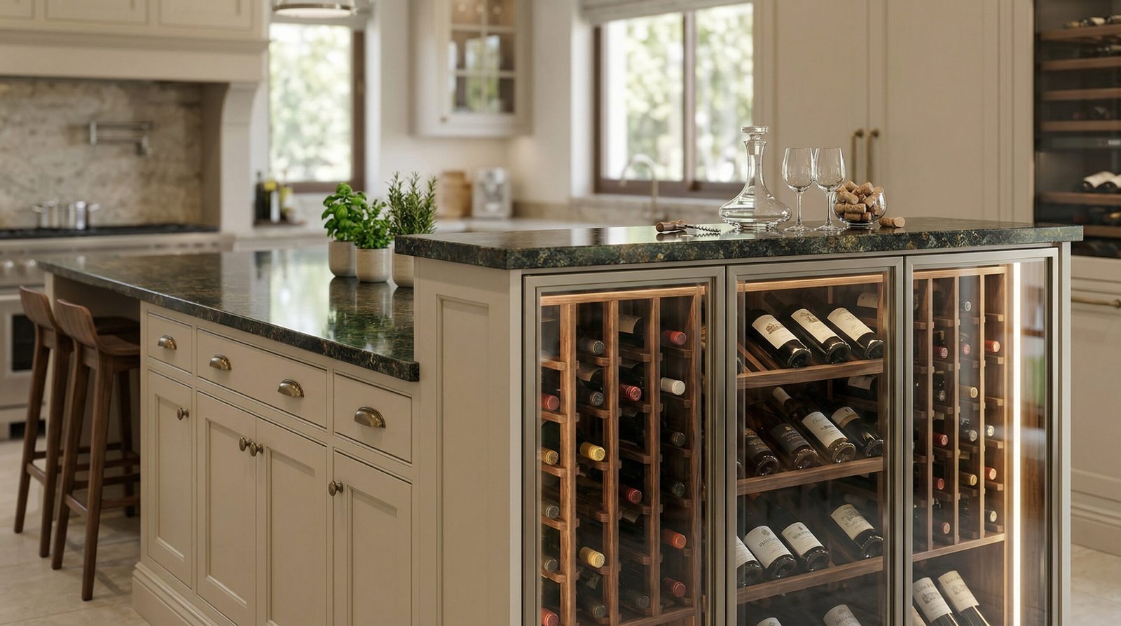 Custom kitchen island featuring a beautifully illuminated glass-front wine display cabinet and a granite top, Green Community.
