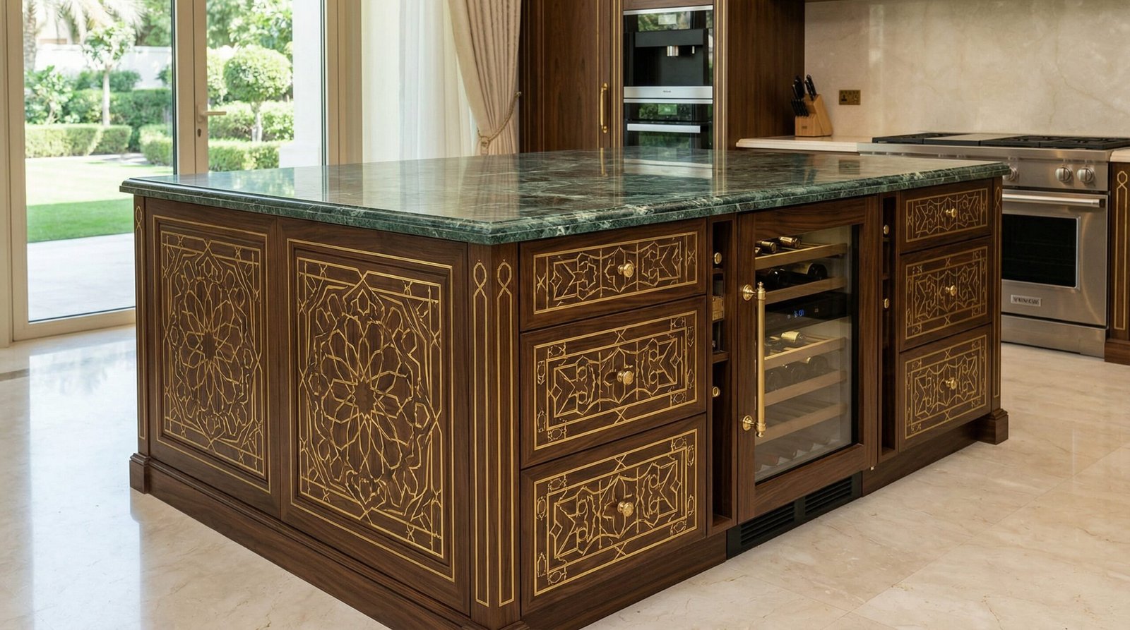 Opulent custom kitchen island with intricate brass inlay details and rich dark wood, bespoke Karnak Carpentry craftsmanship in Emirates Hills.