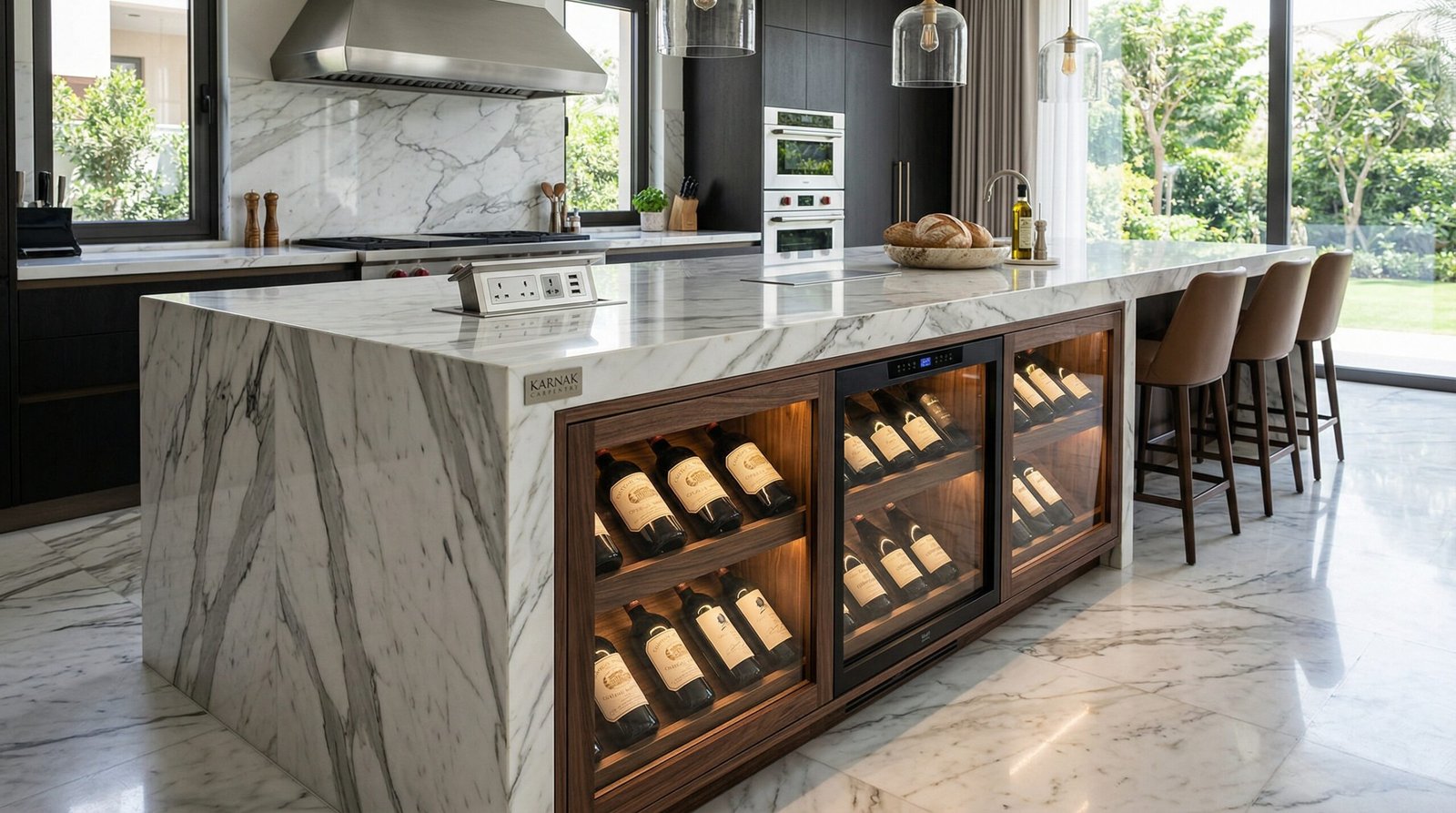 Luxury marble waterfall edge kitchen island with pop-up electrical outlets and customized wine storage, Emirates Hills residency.