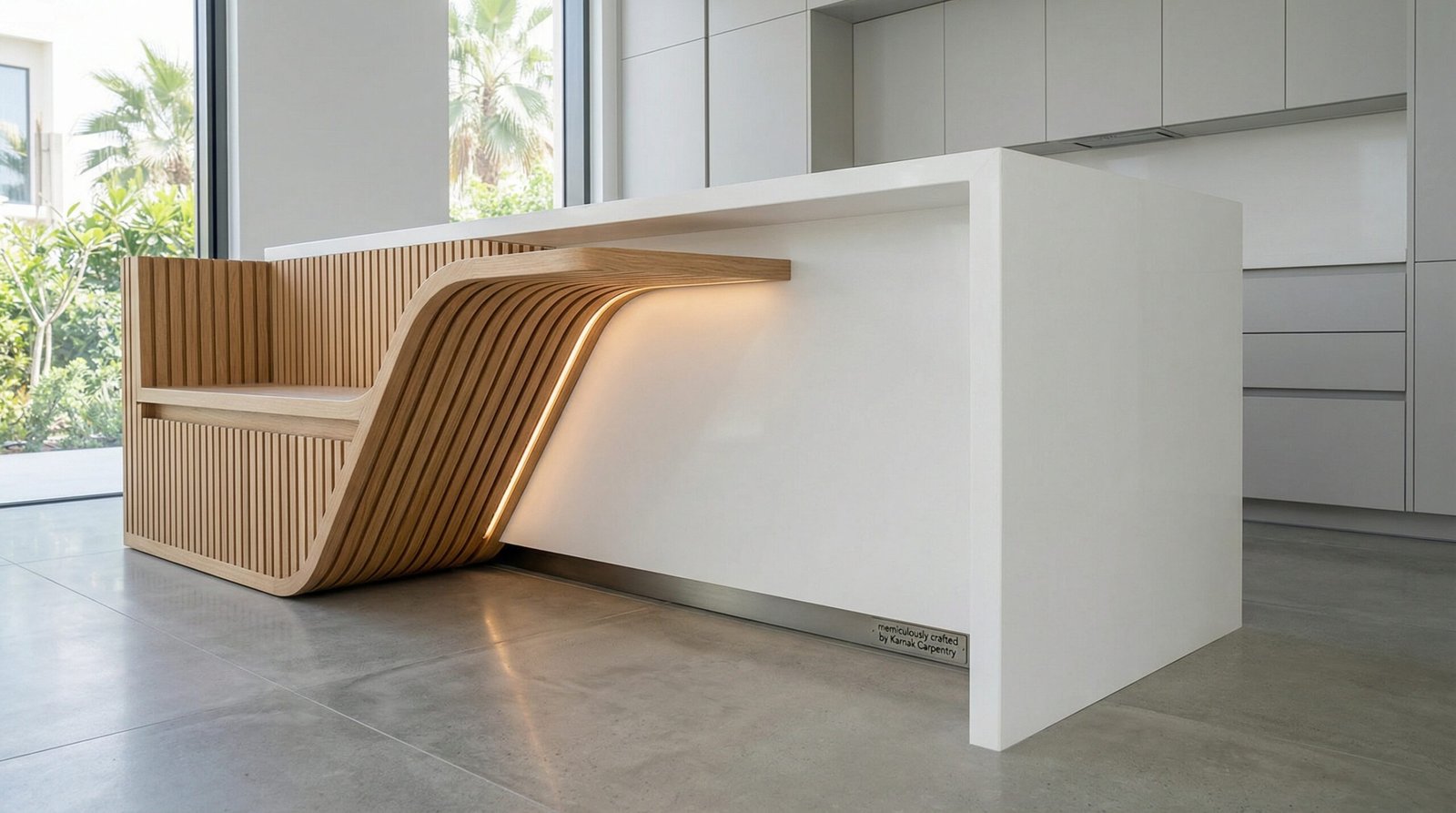 Minimalist white quartz kitchen island with a seamlessly connected vertical wood slatted seating area, Jumeirah Park villa.