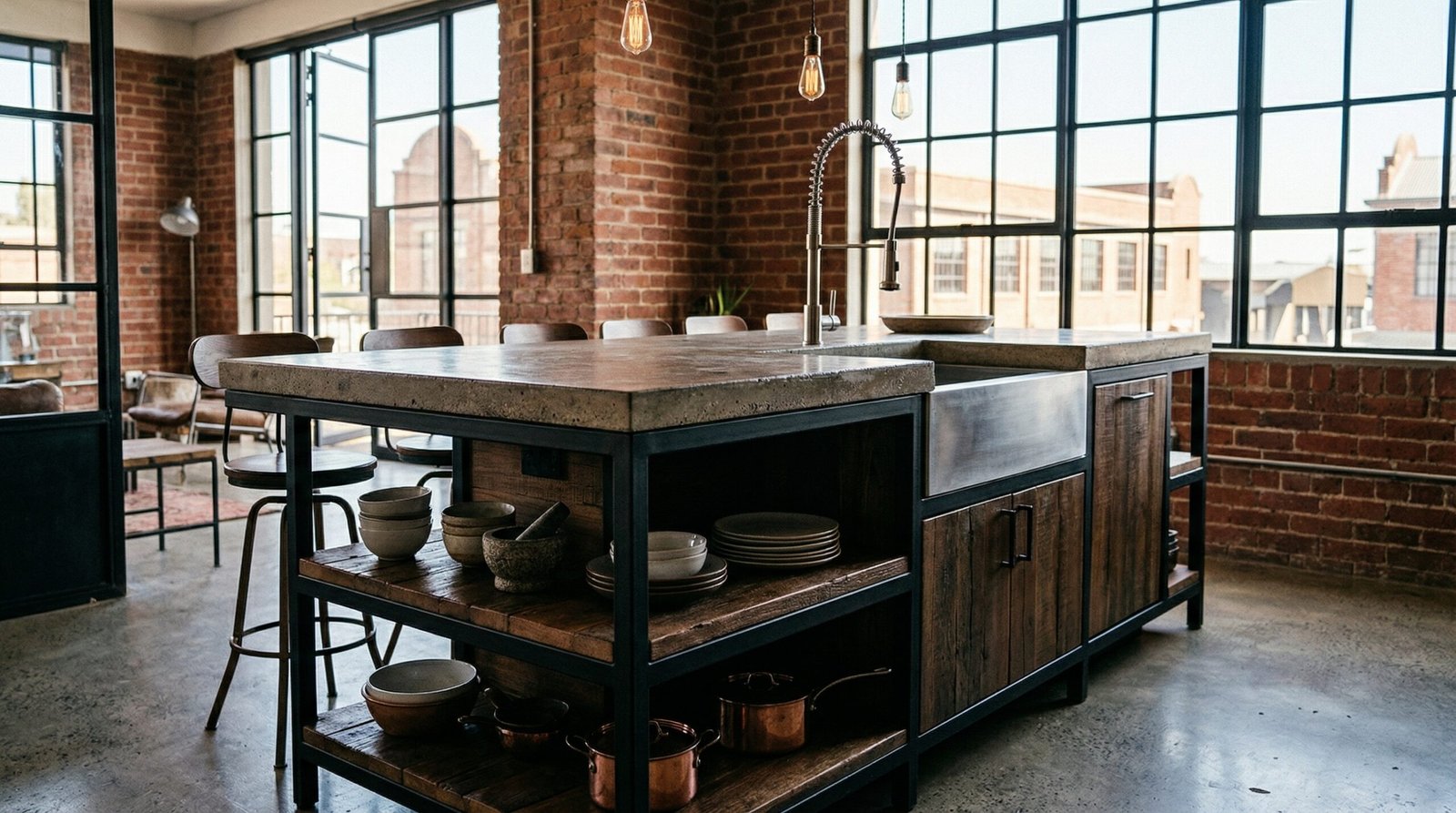 Eclectic kitchen island combining industrial metal frames, rustic wood shelves, and a polished concrete top in Culture Village.