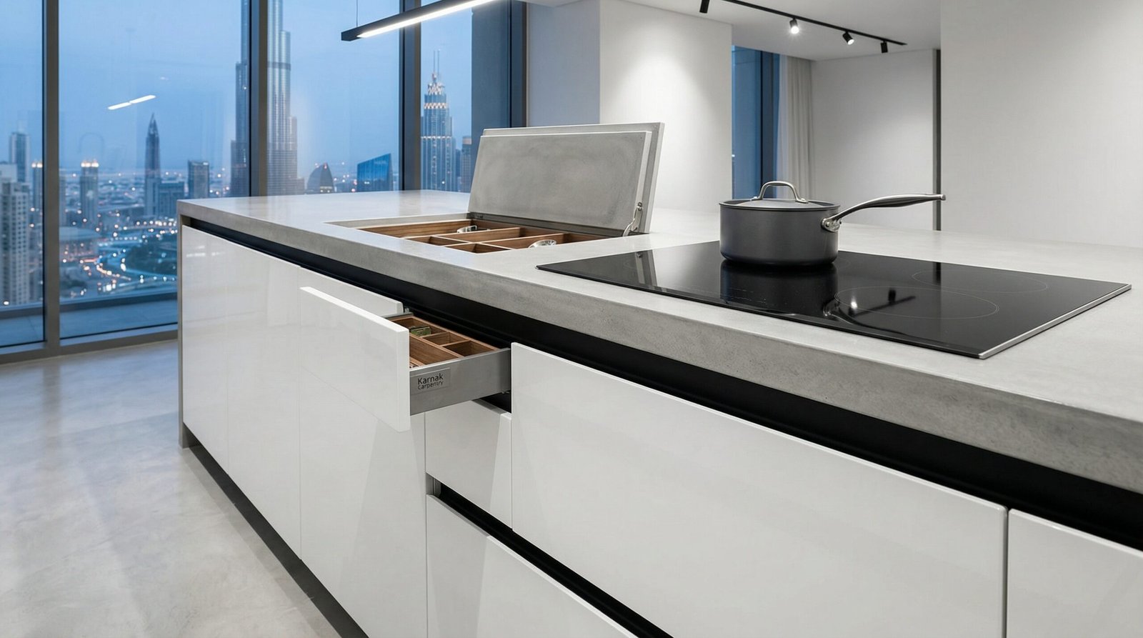 Sleek white handleless kitchen island with matte black accents and integrated storage, Karnak Carpentry design in Downtown Dubai studio.
