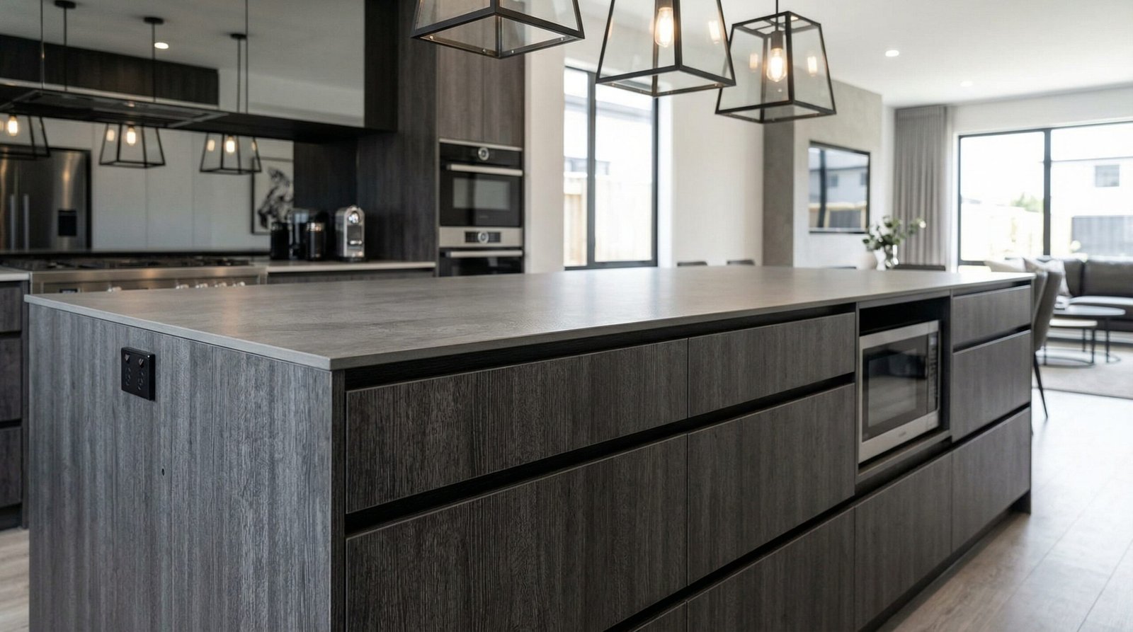 Contemporary kitchen island featuring textured dark wood cabinets and a sleek porcelain slab countertop, Living Legends development.