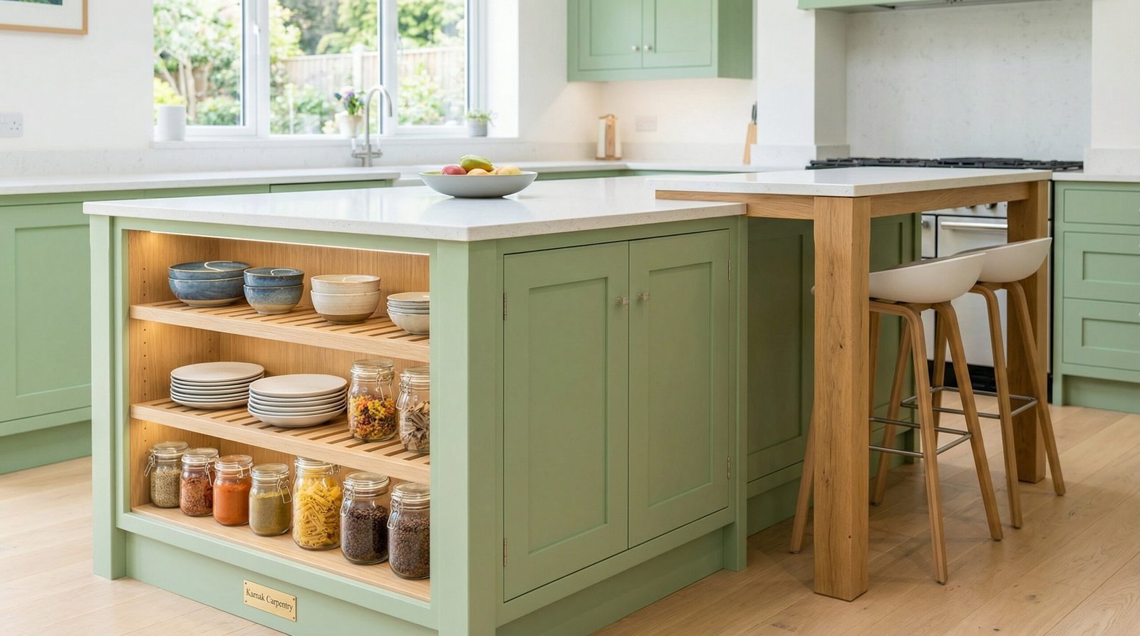 Contemporary kitchen island with integrated open slatted wooden shelves for display, custom-built in The Springs.