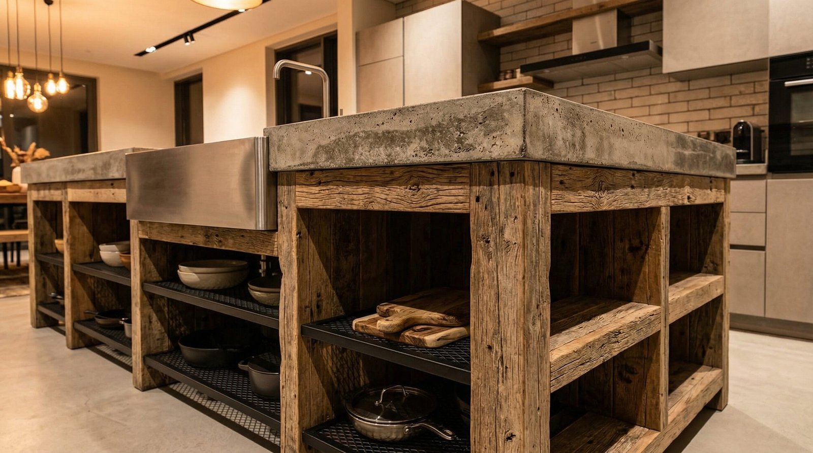 Industrial-chic kitchen island with a massive polished concrete top and a rustic reclaimed wood base, bespoke in Al Barsha.