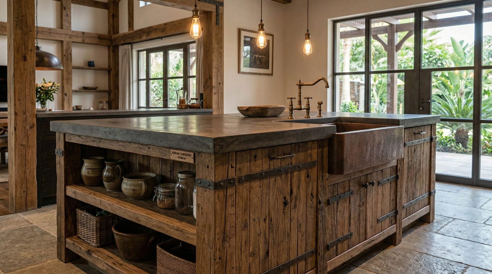 Rustic industrial style kitchen island made with reclaimed wood and a polished concrete top, Karnak Carpentry installation in Al Barari.