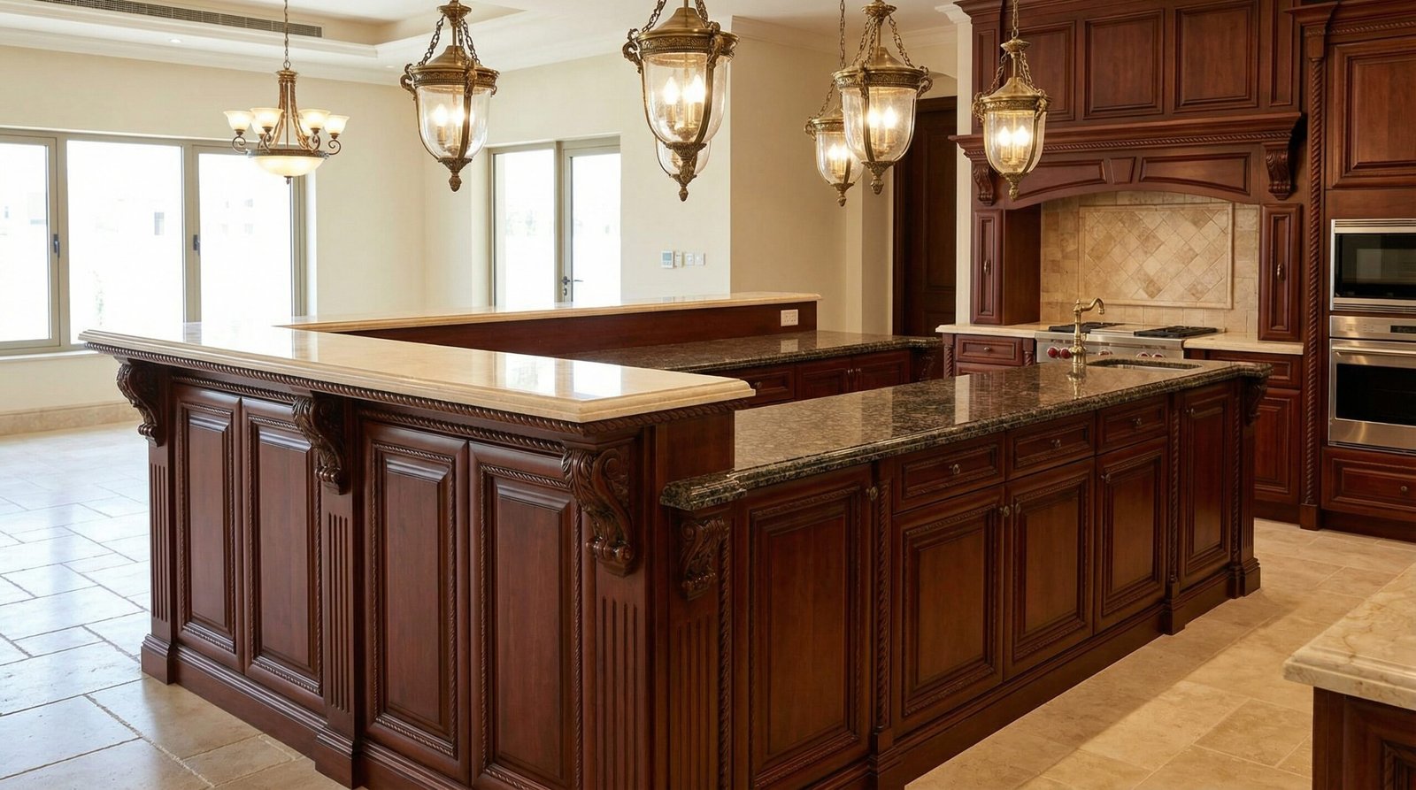 Classic and grand kitchen island with rich dark wood cabinetry, decorative corbels, and a multi-level granite top, Arabian Ranches.