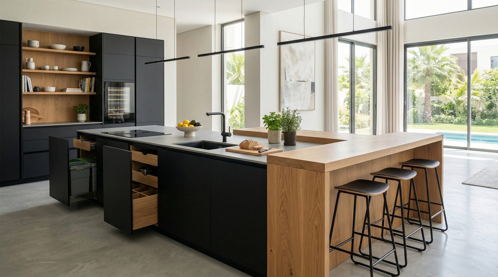 Modern two-tone kitchen island combining matte black cabinetry and natural oak accents, installed in Damac Hills.