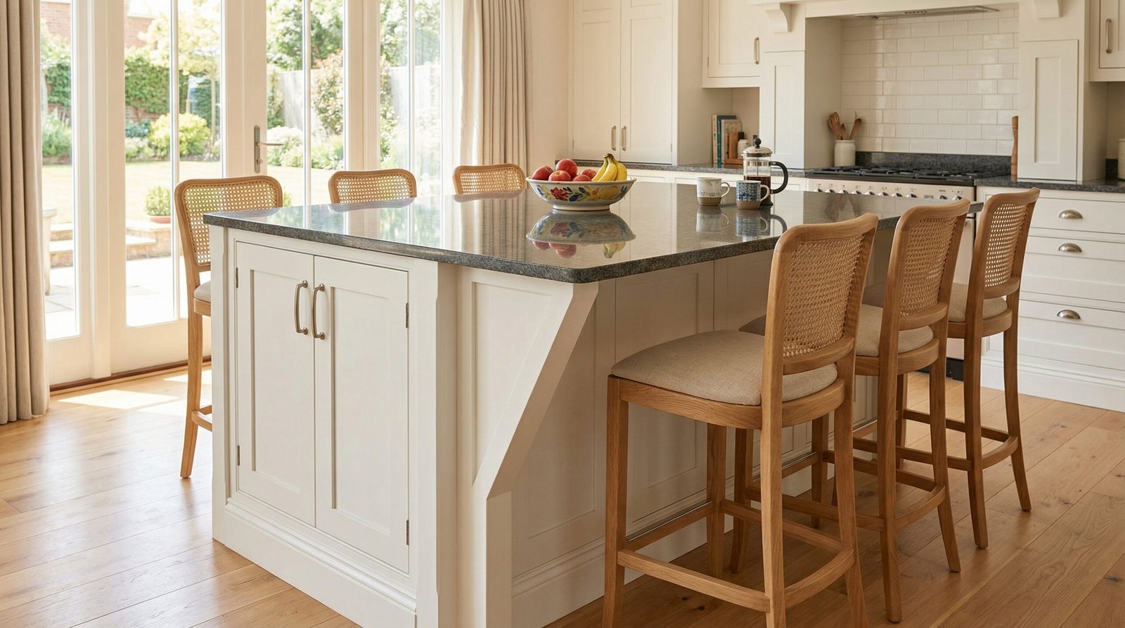 Classic and functional white shaker style kitchen island with a large seating recess and contrasting dark granite top, The Meadows.