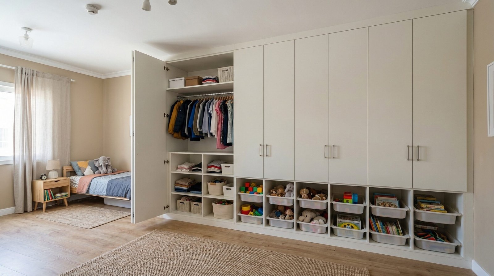 Family bedroom wardrobe in off-white thermofoil with child-safe soft-close hinges and pull-out storage installed in The Springs townhouse by Karnak Carpentry UAE