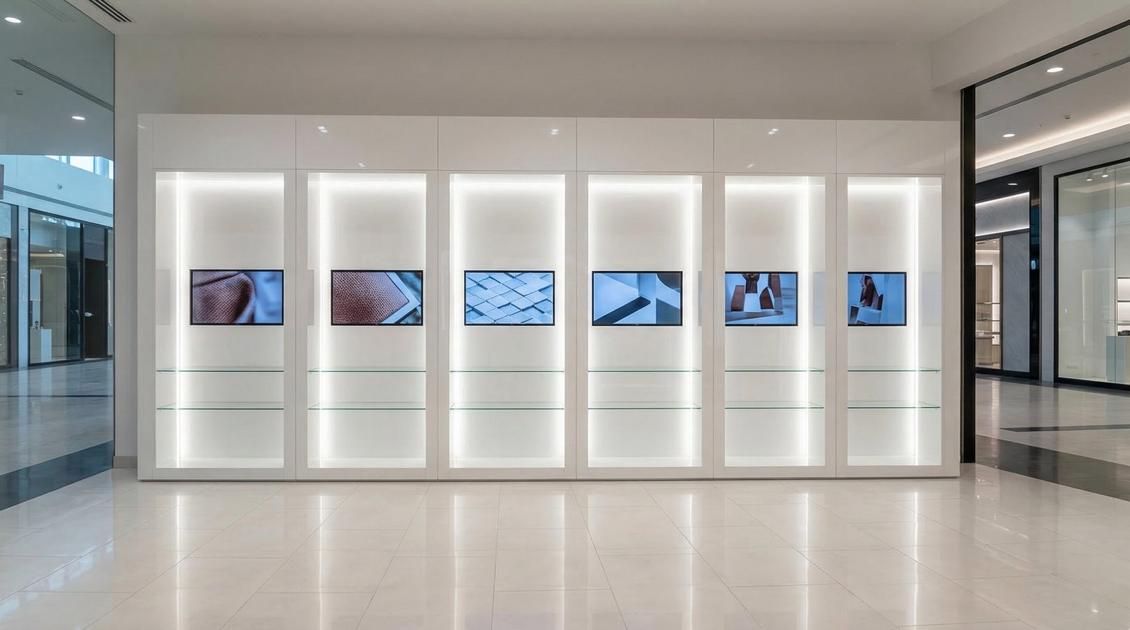Multi-unit retail display media wall with six coordinated LED-lit alcoves installed at Festival City Dubai commercial space by Karnak Carpentry UAE