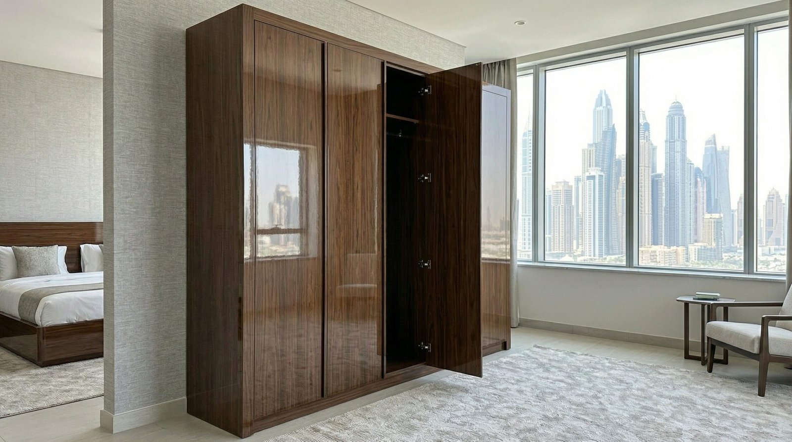 Final quality inspection shadow-gap measurement check between wardrobe doors at completed Abu Dhabi apartment installation by Karnak Carpentry UAE