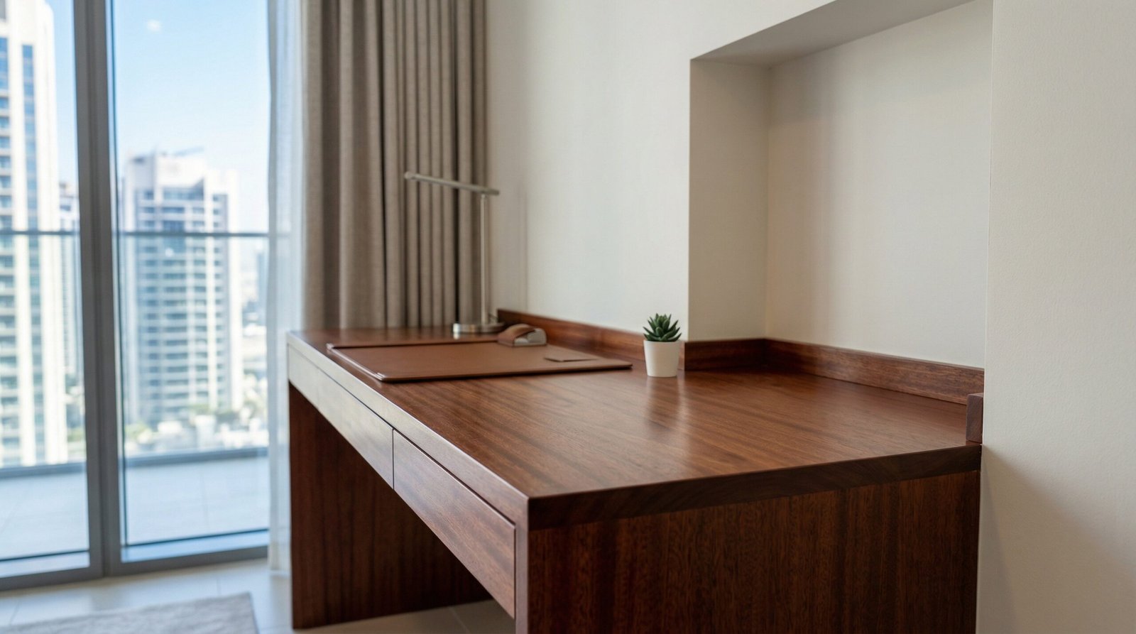 Newly Finished Custom Mahogany Wood Desk With Flawless Satin Protective Coating In A Dubai Alcove.