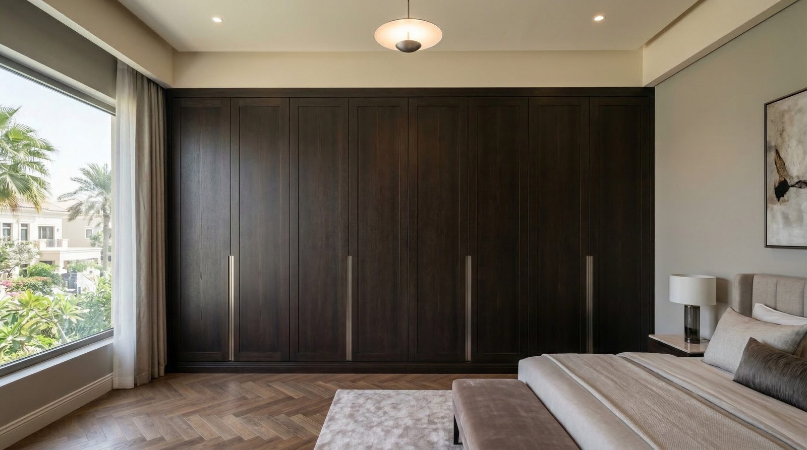Floor-to-ceiling built-in wardrobe in espresso smoked oak veneer spanning entire wall of Jumeirah villa bedroom installed by Karnak Carpentry Dubai