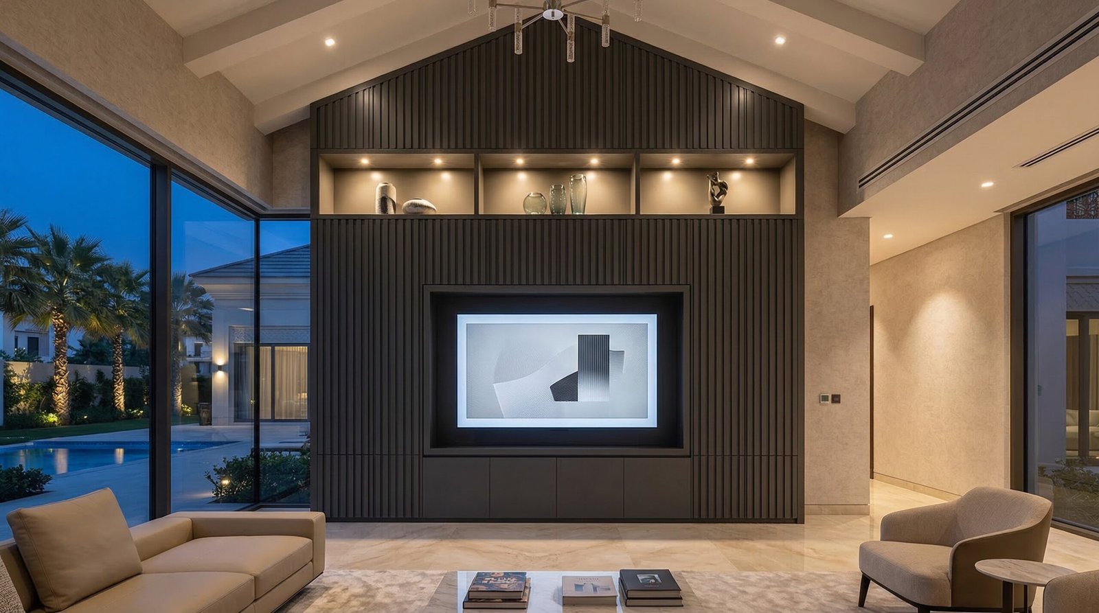 Floor-to-ceiling charcoal lacquer media wall with routed grooves and concealed storage in Emirates Hills villa, custom joinery UAE