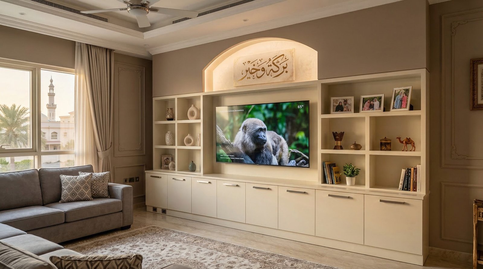 Complete fitted TV unit with alcove, display shelves and closed storage in Sharjah family room, comprehensive joinery solution UAE