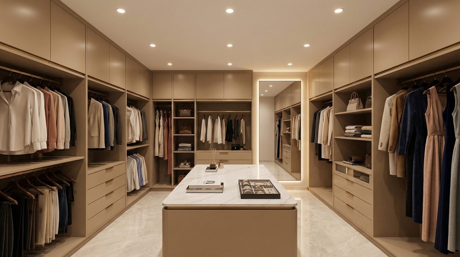 Full dedicated dressing room with four-wall built-in joinery, central island and backlit mirror installed in Sobha Hartland villa Dubai by Karnak Carpentry UAE