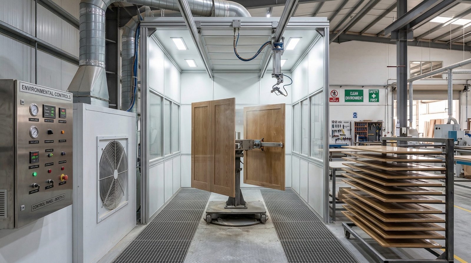 In-house spray-finishing booth with wardrobe door panels mid-lacquer-coat at Karnak Carpentry's full manufacturing control facility Dubai UAE