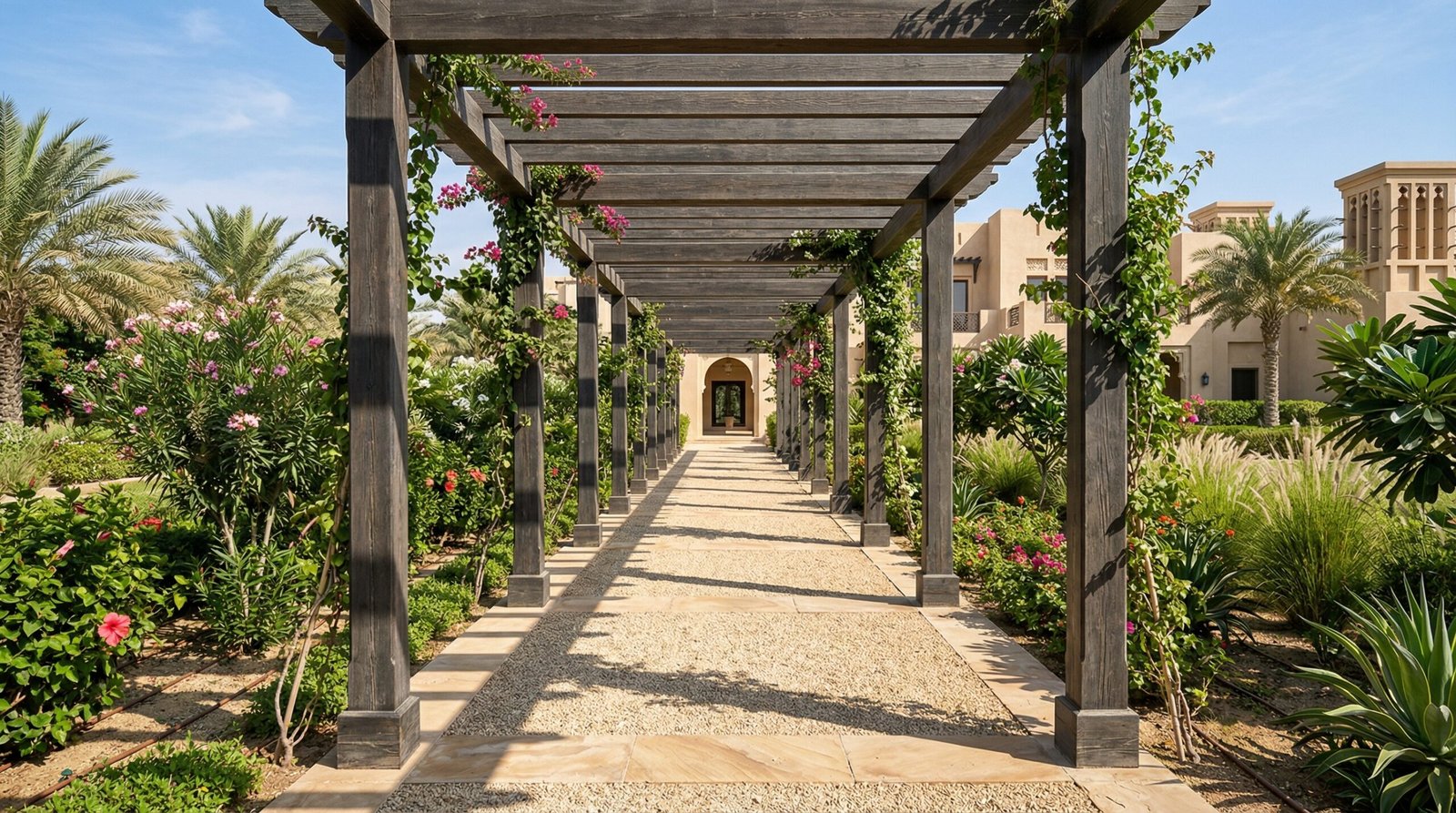 Timber pergola-covered garden walkway with rhythmic beam shadow pattern at UAE villa estate with desert-hardy climbing plants