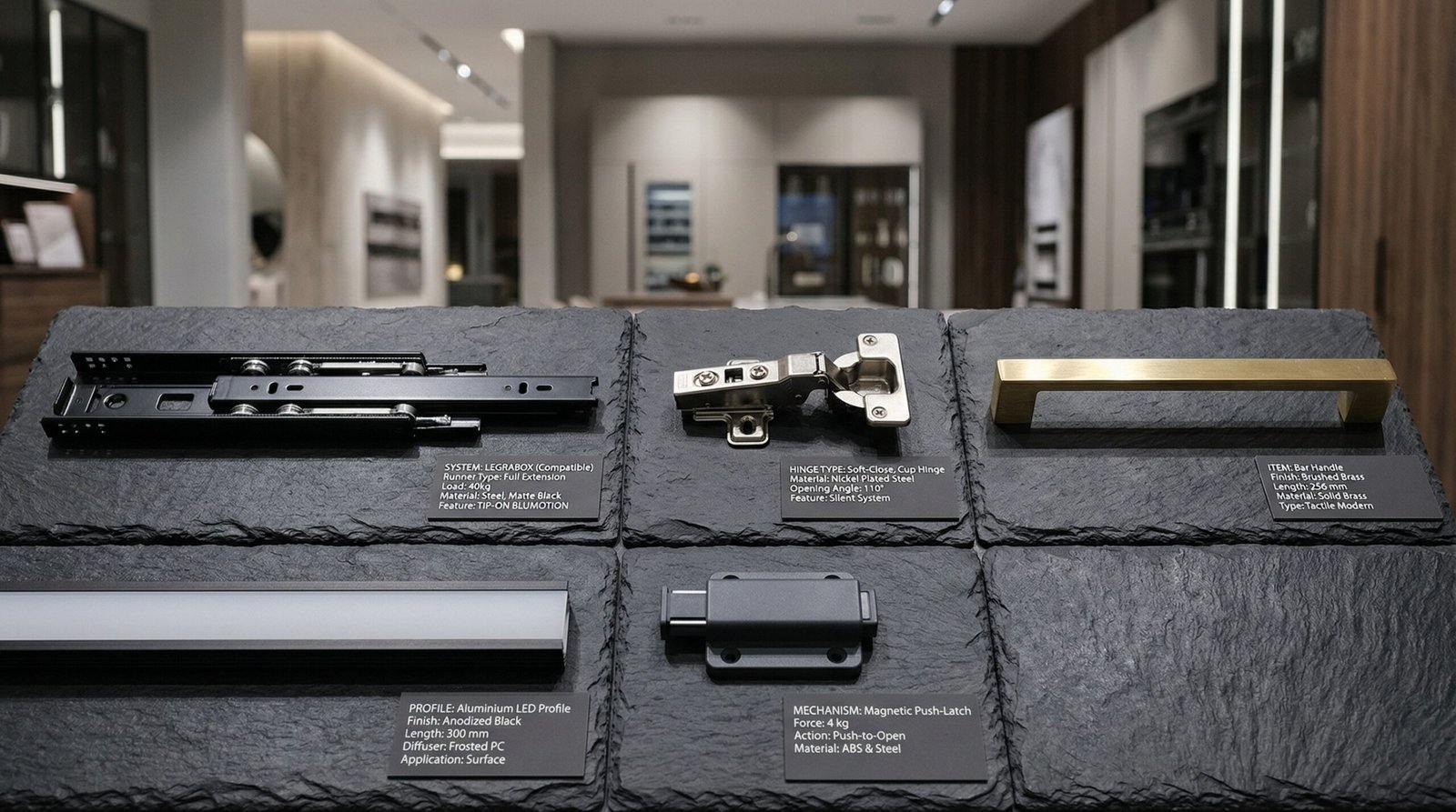 Premium walk-in closet hardware including Blum Legrabox drawer runner, Hettich soft-close hinge and brushed brass handles specified by Karnak Carpentry Dubai UAE