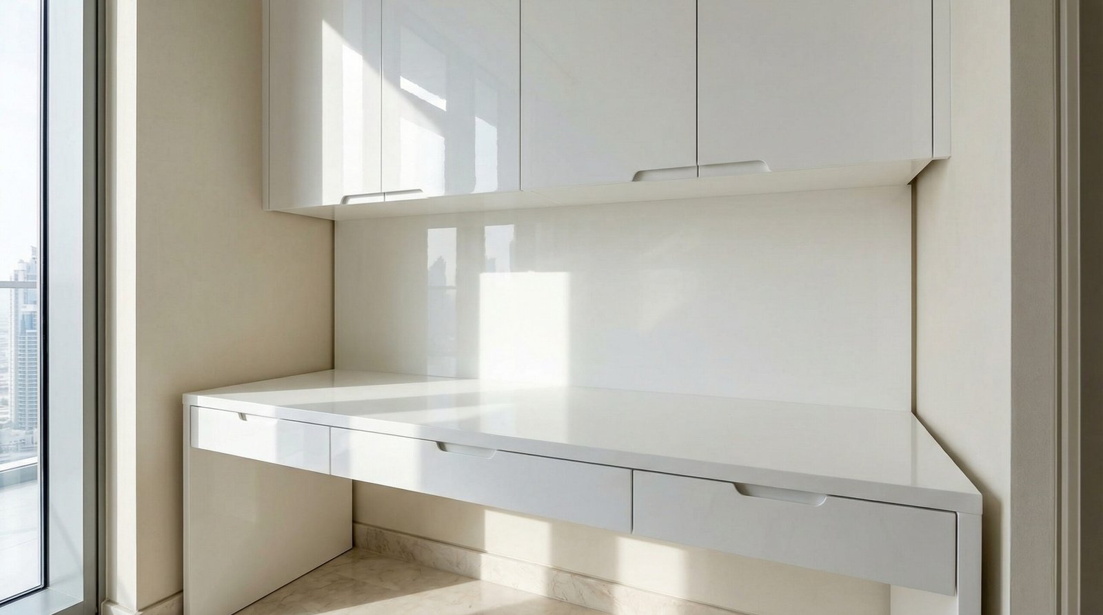 Flawless High Gloss White Lacquered Custom Desk Built Into An Alcove In A Luxurious Uae Apartment.