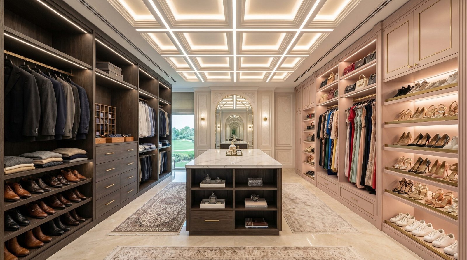 His-and-hers dual-zone walk-in wardrobe with smoked oak and blush lacquer divided by central island installed in Jumeirah Golf Estates villa by Karnak Carpentry UAE